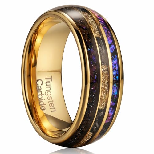 8mm Men's Gold Galaxy Ring, Tungsten Wedding Band with Purple Blue Opal and Chamfered Sparkling Finish - Comfortable Size 7-14, Comes in a Beautiful Gift Box