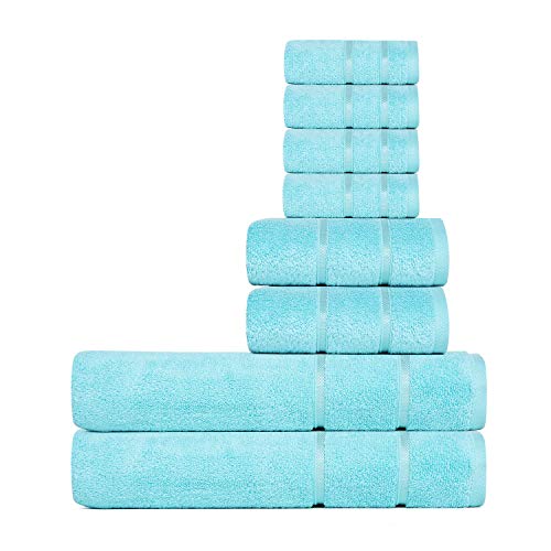 DIVINE OVERSEAS Allure Zero Twist Naturally Cotton Yarn,Extra Large,Elegantly Plush (8 Piece Family Towel Set, Fresh Aqua)
