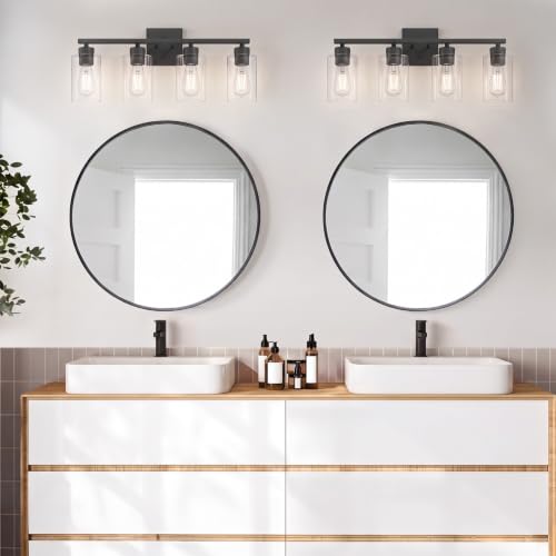 Image of 4 Light Bathroom Vanity Light - Matte Black Bathroom Light Fixtures UL Certification, Round Light Fixture Over Mirror, Farmhouse Light Fixtures for Bathroom & Bedroom