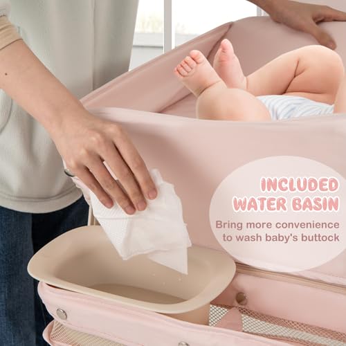 Image of HONEY JOY Changing Table, Folding Mobile Diaper Nursery Organizer w /Wheel, 3 Adjustable Heights, Storage Bag & Open Shelf, Water Basin, Portable Baby Changing Station for Newborn Infant(Pink)