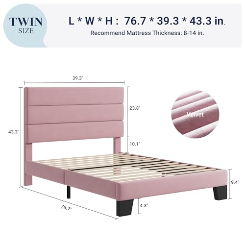 Allewie Twin Size Platform Bed Frame with Velvet Upholstered Headboard and Wooden Slats Support, Fully Upholstered Mattress Foundation/No Box Spring Needed/Easy Assembly, Pink