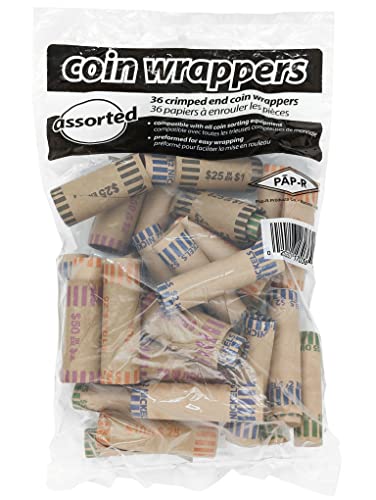 Coin-Tainer Assorted Quarter, Dimes, Nickels, Pennies, Coin Wrappers, Pack of 36