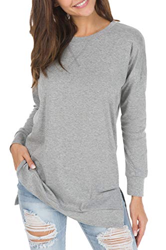 Levaca Womens Round Neck Solid Side Split Loose Casual Plus Sweatshirt Gray M