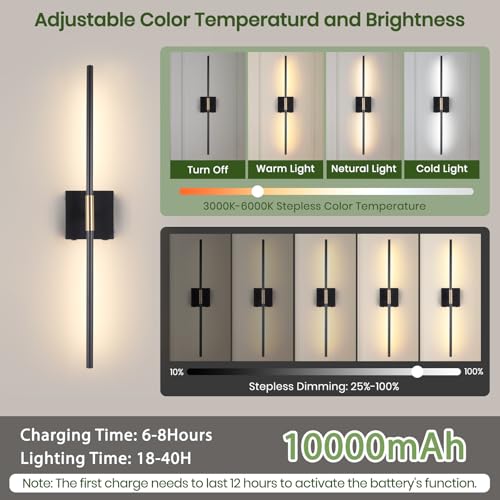Akku Wandleuchte Innen,USB-C Wiederaufladbare LED Wandlampe mit Fernbedienung,Schwarz Dimmbar Touch Kabellose Wandleuchte Batterie 10000mAh,350° Drehbare für Wohnzimmer Schlafzimmer,70CM (2-Stück)