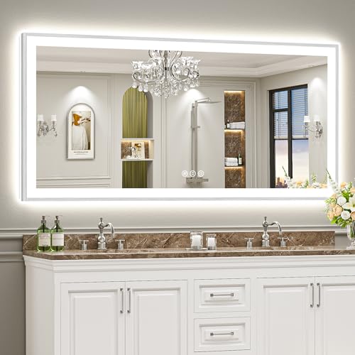 Image of 77x36 Brushed Nickel LED Bathroom Mirror with Lights, Backlit & Front-Lit, Anti-Fog, Framed Lighted Vanity Mirrors for Bathroom Wall, Dimmable, 3 Colors, Memory, Shatter-Proof, Tempered Glass