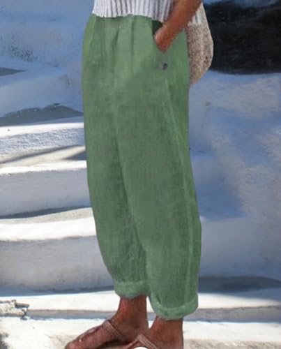 Linen Capri Pants for Women Cotton Casual Wide Leg Floral Beach Trousers with Pockets2