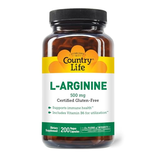 Country Life L-Arginine Caps with Vitamin B-6, 500mg, 200 Vegan Capsules, Certified Gluten Free, Certified Vegan