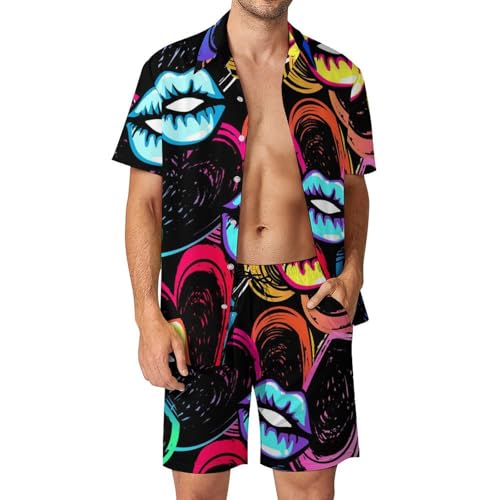 Chemise Hawaïenne Hommes respirante et short d'été imprimé Lèvres Colorées ensemble 2 pièces S
