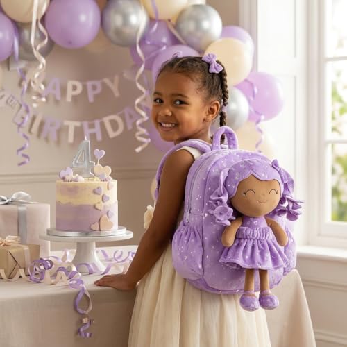 Image of Gloveleya Toddler Backpacks Baby Girl Gifts Curly Hair Plush Figures Dress Backpack - Silver Heart Accents in Deep Purple 11''