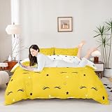 Yellow Eyelash Comforter Cover Kids Cartoon Duvet Cover Set Yellow Eyelash and Grey White Star Reversible Design Yellow Bedding Sets Girls Room Decor 1 Duvet Cover 1 Pillowcases (Twin, Eyelash,Soft)