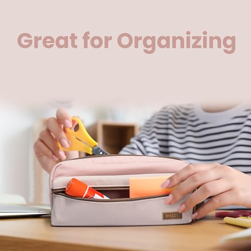 Image of Large Pencil Case, Pencil Pouch with Zipper Compartments, Aesthetic Pencil Case for Adults, Stationery Pouch Pen Case for Office (Pink&Beige)