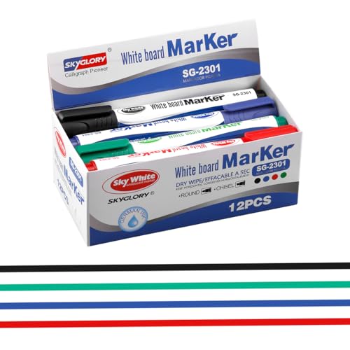 SKYGLORY 4 Colours x 3 Count Chisel Low Odour Whiteboard Pens White Board Markers Erasable Dry Wipe Whiteboard Marker Pen for Home & Office Supplies (Mixed)