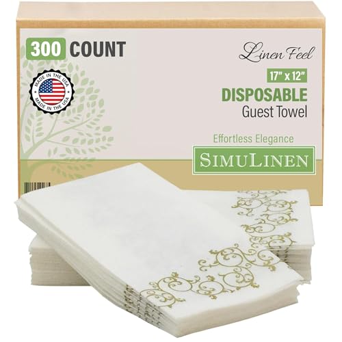SimuLinen Gold Floral Disposable Linen Feel Bathroom Paper Towels - Soft Cloth-Like Single-Use 12x17 300ct (Made in USA)