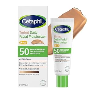 Cetaphil Tinted Daily Facial Moisturizer SPF 50, Lightweight Broad Spectrum Sun Protection for All Skin Types, 1.7 fl oz Tube, Vitamin E & Niacinamide, Long Lasting Hydration