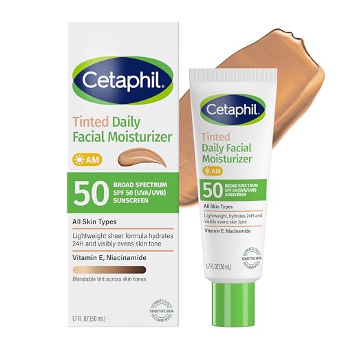 Cetaphil Tinted Daily Facial Moisturizer SPF 50, Lightweight Broad Spectrum Sun Protection for All Skin Types, 1.7 fl oz Tube, Vitamin E & Niacinamide, Long Lasting Hydration