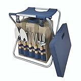 Garden Folding Gardener Stool with Gardening Tools Insulation Garden Bags Plus 5 Garden Tools and Gardening Kneeler Ideal Gift for Mother's Day/Father's Day (Navy Blue)