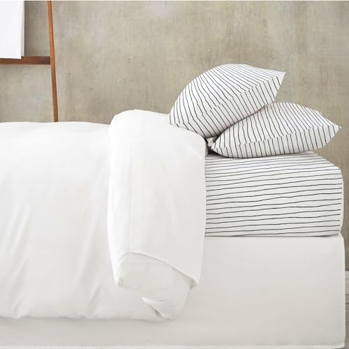 MakeMake Organics Organic Full Fitted Sheet Set GOTS Certified Organic Cotton Fitted Sheet with Pillowcase Ultra Soft Non Toxic Breathable Hypoallergenic Blue Stripes Neutral (Full, Stripes Navy) - Thumbnail 3