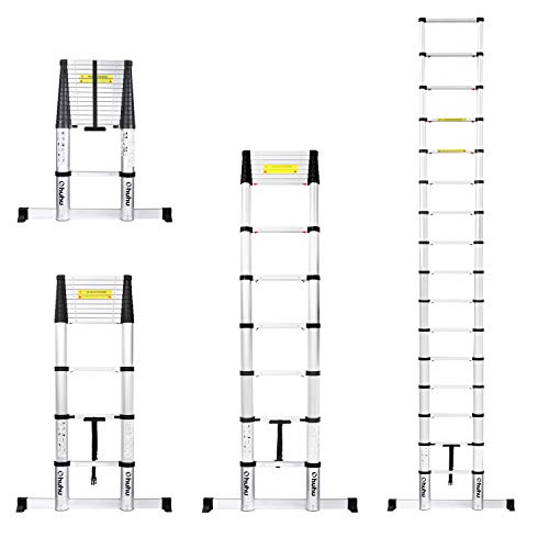 Ohuhu 15.5 FT Telescoping Ladder with Stabilizer Bar, EN131 Certified Convenient Aluminum Telescopic Extension Ladder, 330 Pound Capacity