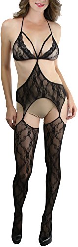 Image of ToBeInStyle Women's Bodystocking Crotchless Peek-A-Boo Fishnet Lace Bodysuit