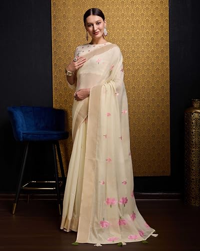 Image of SWORNOF Womens Linen Silk Saree | Saree for Women With Unstitched Blouse | Saree with Blouse Piece | Soft and Skin Friendly