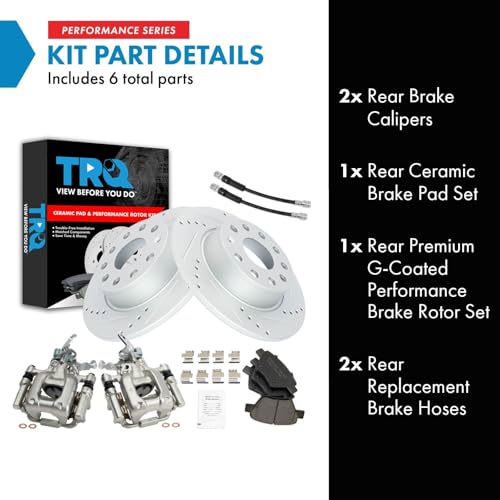 Image of TRQ Performance Rear Brake Pad and Rotor Set Ceramic Slotted Drilled G Coated 272mm Rotors Calipers Compatible with 2010-2012 2014 Volkswagen Jetta