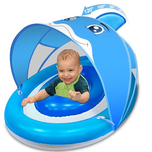Image of Baby Pool Float with Canopy UPF 50+ Sun Protection, Inflatable Toddler Float for Ages 6-36 Months, Infant Swimming Float with Adjustable Safety Seat Dual Air Chambers & 4-Stage Sunshade for Boys Girls