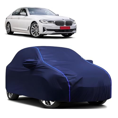 Image of Kerwa Car Body Cover Waterproof Compatible with BMW 5 Series | Scratch Proof, Anti-Dust, UV Protection | Windproof Buckle Strap | Fitted Bottom Elastic | Side Mirror Pockets-Blue
