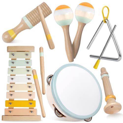 Image of Baby Musical Instruments-Montessori Wooden Toys for Toddlers | Neutral Colors Percussion Instruments Set with Modern Boho Xylophone for Kids Preschool Educational (Neutral)