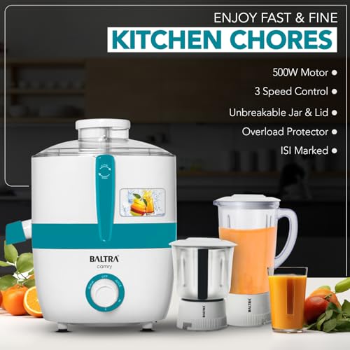 Image of BALTRA Camry 500 Watt Juicer Mixer Grinder for Fruits | Includes 2 Multipurpose Jars (Large & Small) | 3 Speed Control | Durable Stainless Steel Blades | Large Pulp Container | 2-Year Warranty