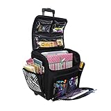Everything Mary with Deluxe Teal Geometric Rolling Organizer Papercrafting Storage Tote for Paper, Binder, Tools, Scissors, Stamps-Telescoping Handle with Dual Wheels-Craft Case