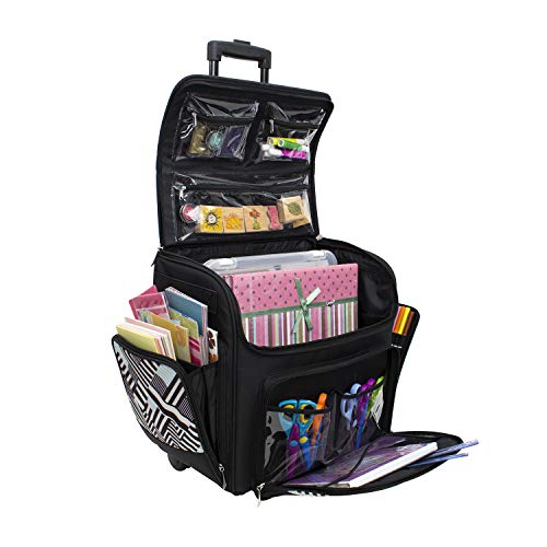 Everything Mary with Deluxe Teal Geometric Rolling Organizer Papercrafting Storage Tote for Paper, Binder, Tools, Scissors, Stamps-Telescoping Handle with Dual Wheels-Craft Case