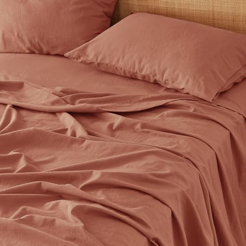 Bedsure Linen Sheets - Queen Size Bed, Blend from Linen Cotton Bedsheets, Breathable Cotton Bedsheets, Gifts for All Seasons, 4 Pieces, Terracotta