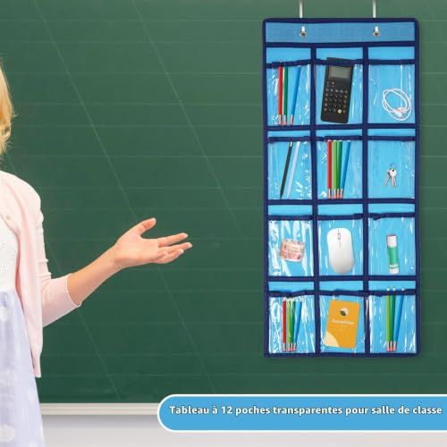 SAVORLIVING Au-dessus de la porte organisateur téléphone portable suspendu classe tableau de poche mur porte placard suspendu organisateur sac de rangement en tissu durable (12 poches,bleu) – vue 7