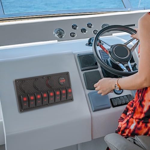 Panel de conmutación marina de 8 marchas, 12 V/24 V con interruptores LED, IP65 resistente al agua, para barco y yate, incluye voltímetro, puerto USB dual y encendedor de cigarrillos, panel
