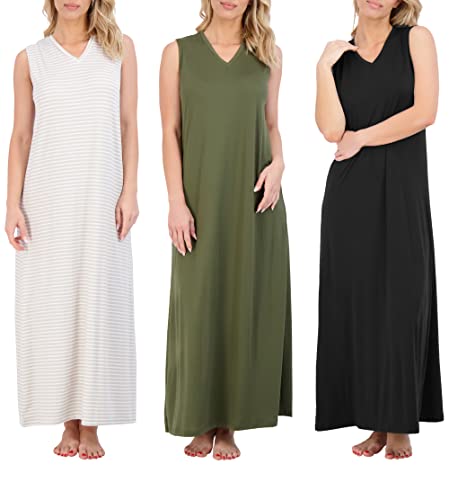 Real Essentials 3 Pack: Women's Soft Tank Nightgown Sleeveless Nightshirt Sleep Dress (Available In Plus Size)