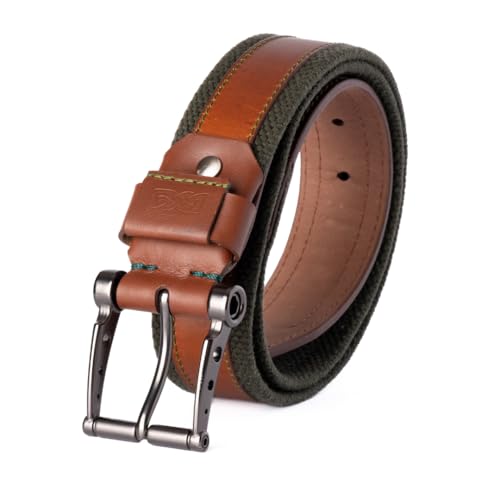 leather belt men with stretch cotton canvas elastic web braided wide buckle casual dress handmade golf workwear correa hombre