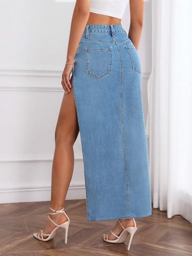 MakeMeChic Women's Denim Maxi Skirt Asymmetrical Split Hem Zip Up Y2K Jean Maxi Skirts2