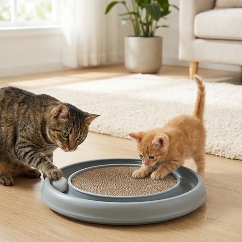 Fini l'ennui : griffoir rond pour chat avec piste à billes interactive