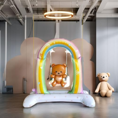 Atpata Funky 42inch Jumbo Foil Balloon - Baby Teddy Bear on Rainbow Swing with Self-Standing Base, Ideal for We Can Bearly Wait Baby Shower, Baby Welcome Decor, or Teddy Bear Birthday Party Decoration