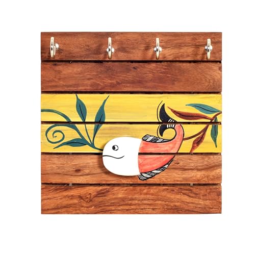 Image of AAKRITI ART CREATIONS Key Holder, Boga Hand Painted Wooden Key Holder with Bird Design | Rustic Akasia Wood Wall Organizer with 4 Hooks | Storage Shelf for Keys, Hats | Multifunctional Entryway Decor