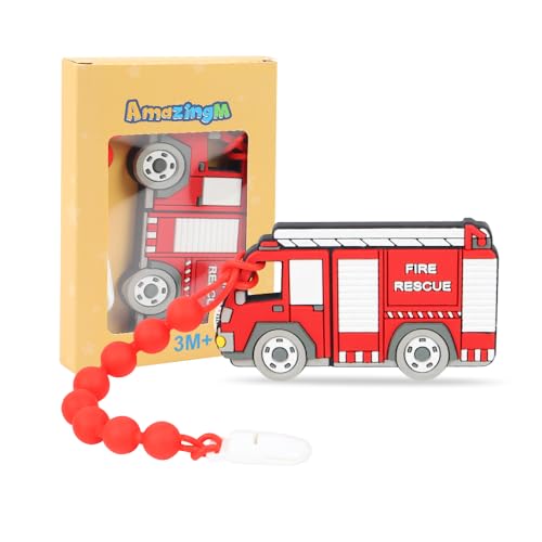 Image of Baby Food Grade Silicone Carrier Vehicle Teether Toy with Pacifier Clip Holder,Teething Toys Gift Set for 3 Months+ Boys and Girls,Freezer Safe,BPA Free. (Fire Truck)