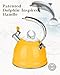 Harriet Tea Kettle Stovetop, 2.5 QT Whistling Stainless Steel Teapot, 3-Layer Base, Unique Ergonomic Handle, Includes Pot Holder & Mat, Electric/Induction/Gas Stovetops Applicable, Yellow