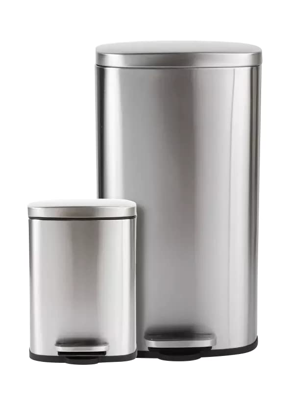 FarberwareStep On Trash Can 2-Pack, 5 Liter (1.3 Gal) + 30 Liter (7.9 Gal) Metal Garbage Bins, Soft-Closing Lid, Fingerprint & Smudge-Resistant, Removable Inner Bucket, Steel Pedal, Stainless Steel