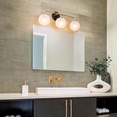Image of KSANA Bathroom Light Fixtures, 3-Light Black and Gold Vanity Lights with White Frosted Glass Shade, 24.5-inch Modern Bathroom Lighting Over Mirror