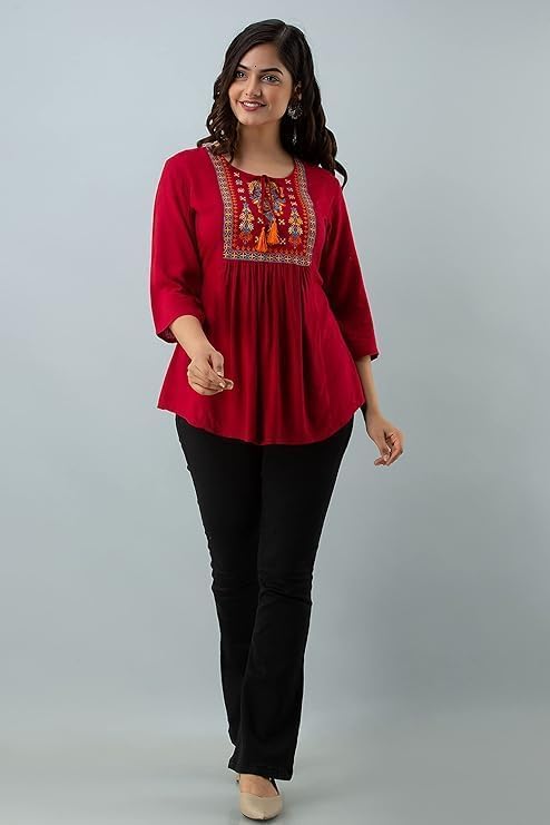 Image of Avayayat Short Kurti for Women | Embroidered Straight Rayon Kurta | Round Neck Full Sleeves Short Kurti for Women's