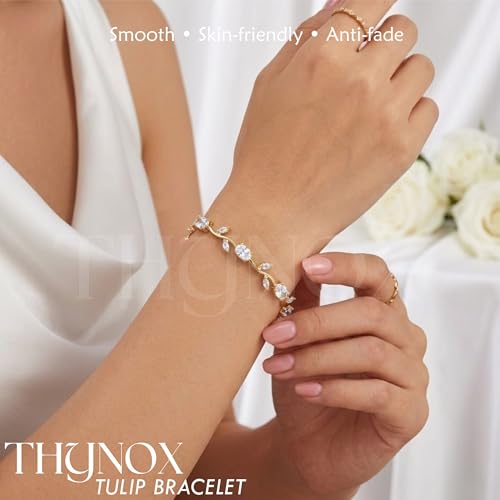 Image of THYNOX Tulip Bracelet for Women Stylish | Gold Plated Crystal Floral Jewellery | Adjustable Chain Wrist for Women & Girls Stylish | Elegant Tulip Bracelet for Women, Party & Daily Wear Accessory