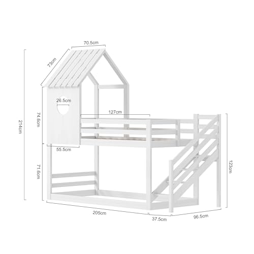 Etagenbett 90x200 cm, Hochbett mit Treppe, Doppelstockbetten mit rausfallschutz, Kinderbett Holzbett mit Fenster und Dach, Hausbett mit Lattenrost,Wackelsicher und Kippgeschützt, Weiß – Bild 3