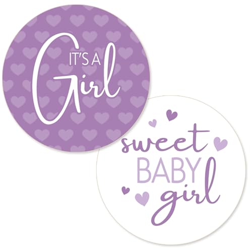 Purple It's a Girl Baby Shower Round Stickers, 40 Count, 2 Designs