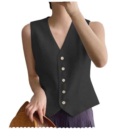 Ceehuteey Women's Linen Suit Vests V-Neck Single Breasted Elegant Waistcoat Business Outfits Top