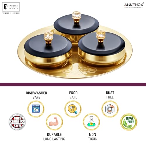 Image of Sanjeev Kapoor Stainless Steel Diamond Nut Bowl Serving Set 7 Pcs | 3 Bowls with 3 Lids and 1 Tray | Elegant Storage & Serving Bowl Set for Dry Fruits, Snacks, and Festive Use